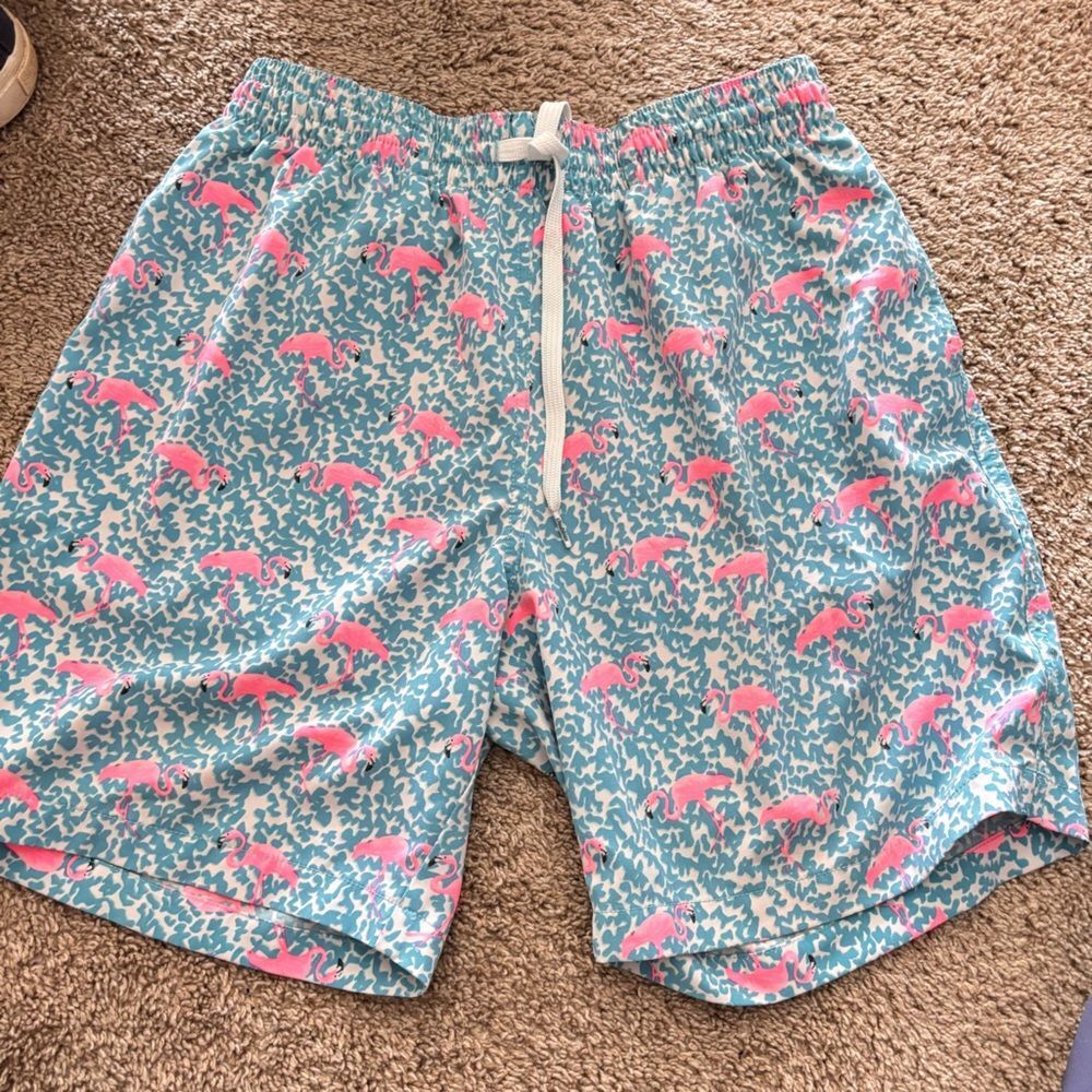 chubbies Teal Swim Trunks with Pink Flamingo Print